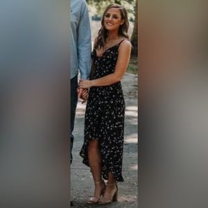 Black and blue floral wrap dress